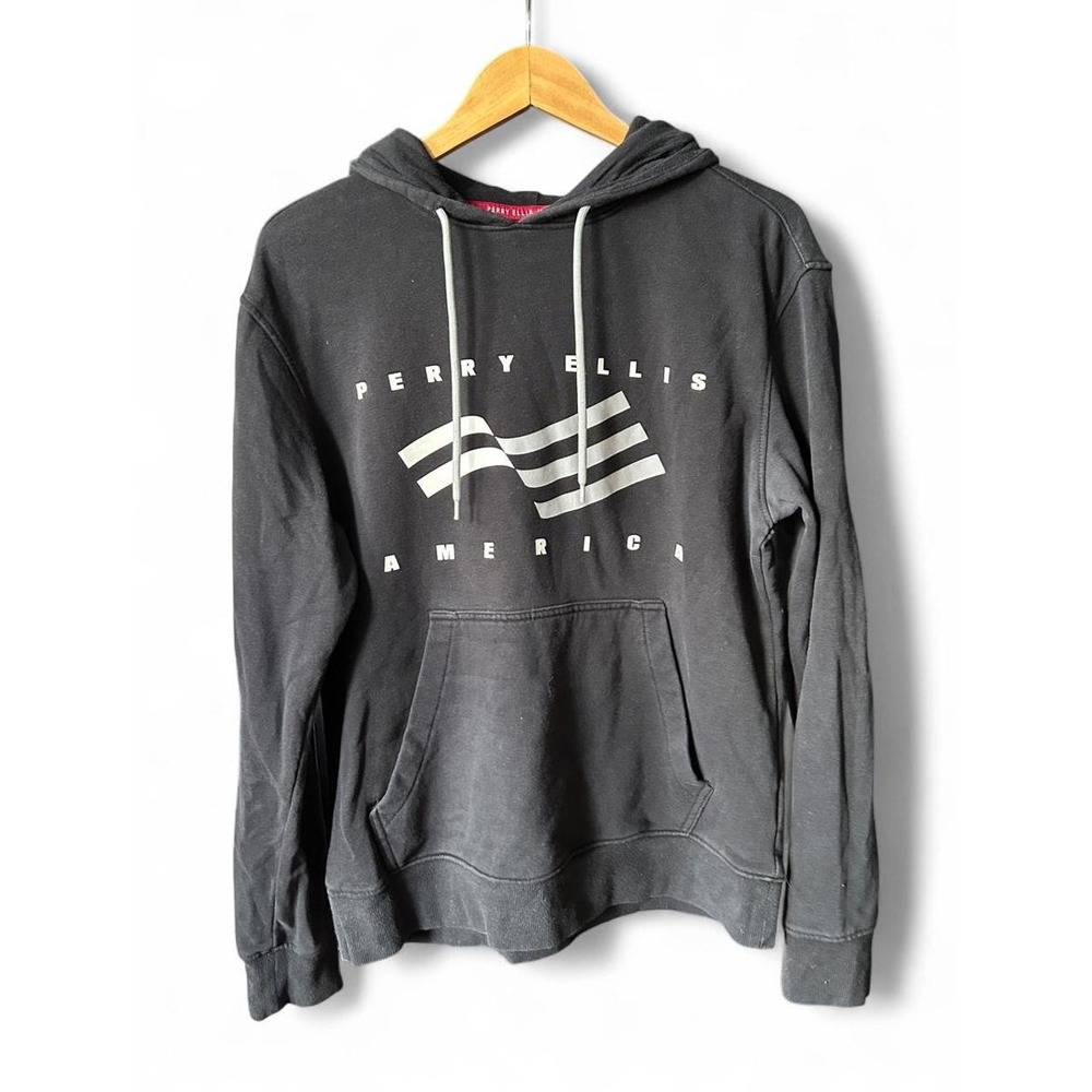 Vintage Hoodie Perry Ellis America Faded Black Cozy Casual Y2K Skater Grunge M